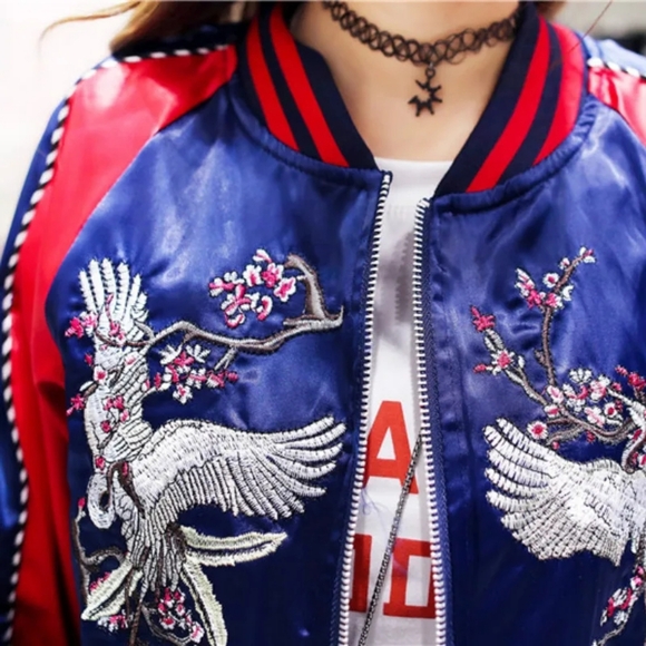 🎀NEW Unisex Satin Baseball Crane Embroidered  Streetwear Outerwear Jacket - Picture 13 of 14